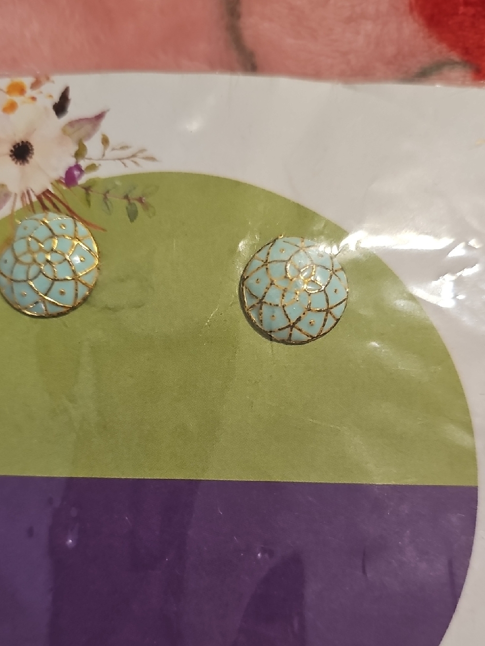 Turquoise Enamel Floral Round Stud Earrings with Gold Accents